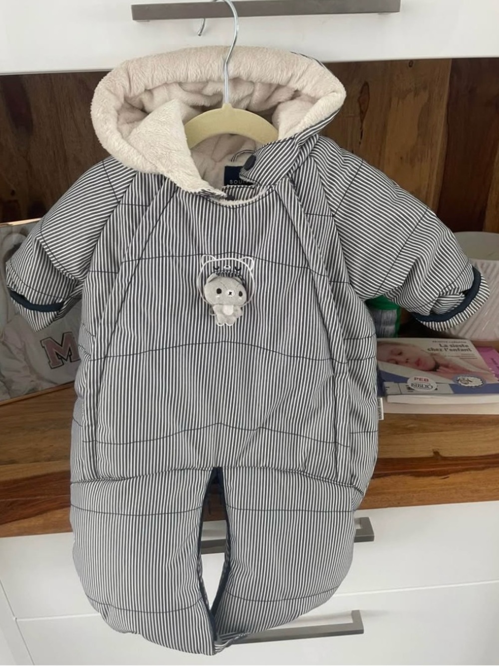 Souris Mini Baby Striped Navy & White Hooded Snowsuit - 6m